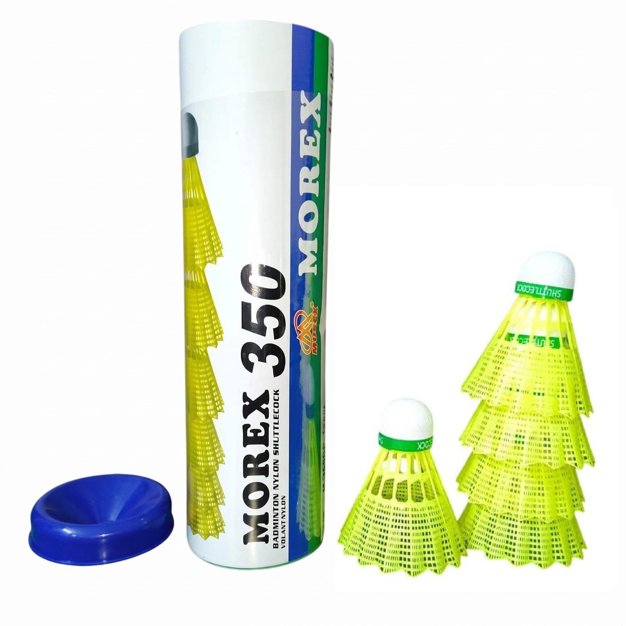 Morex 350 Nylon Badminton Shuttlecock Blue Cap Medium, Yellow (Pack of 6) | Durable Nylon Skirt, Consistent Flight, Indoor & Outdoor Use, Tube Packaging, Training & Practice-picture-13