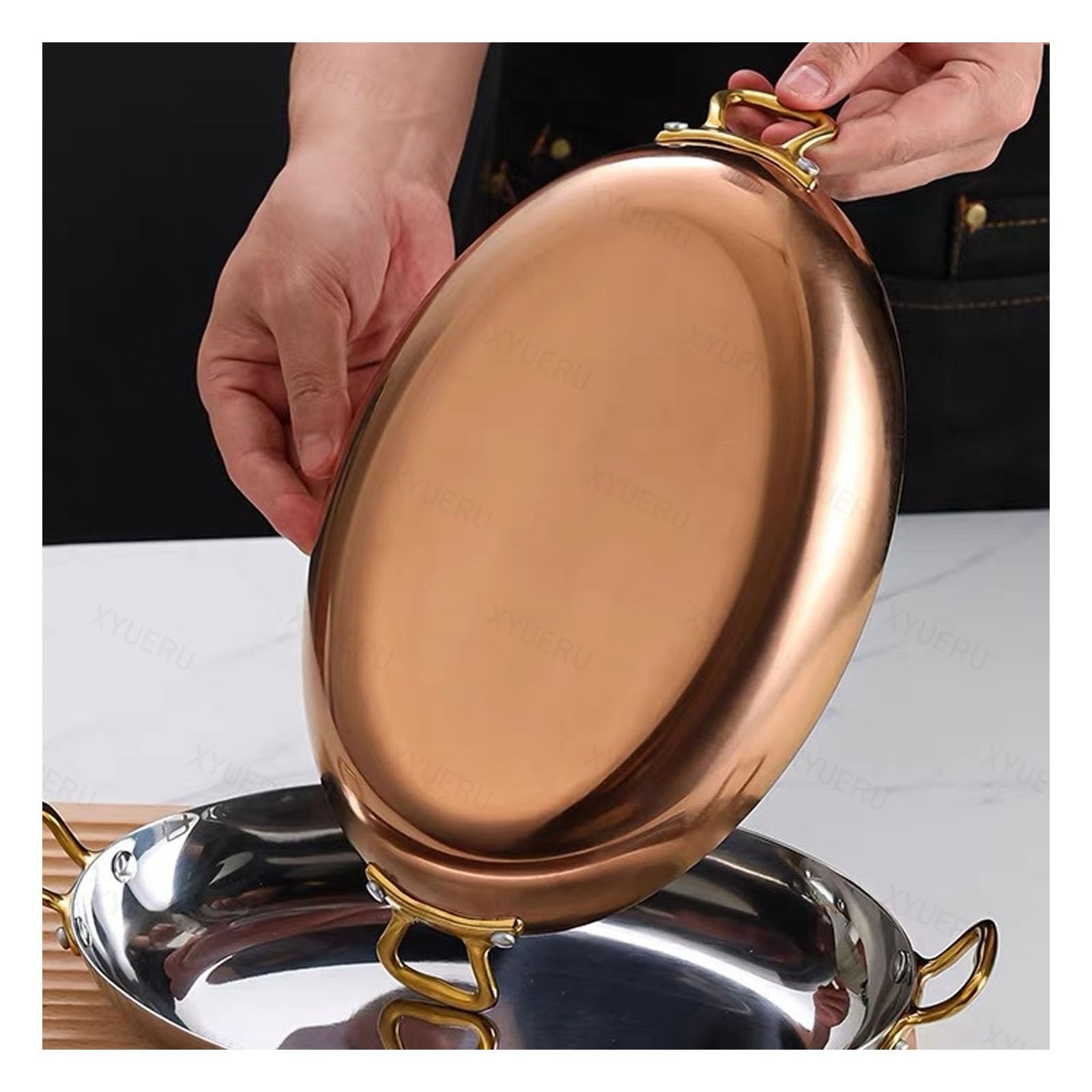 Padella per paella per frutti di mare, pentole in acciaio inox con doppi manici, teglia ovale per uso domestico e ristorante