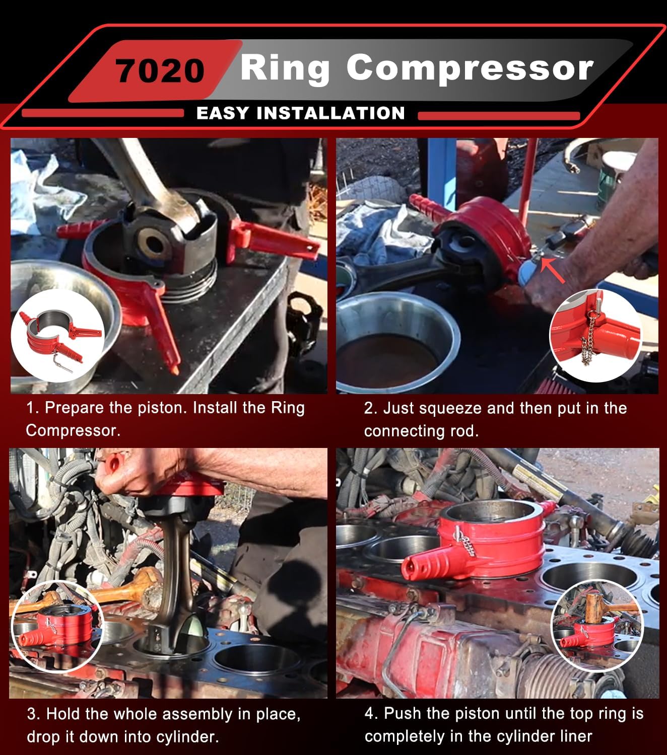 7020 Piston Ring Compressor Tool 5.5" Bore Compatible with Cummins NH NT N14, Replaces # PT-7020 5.500" Ring Compressor