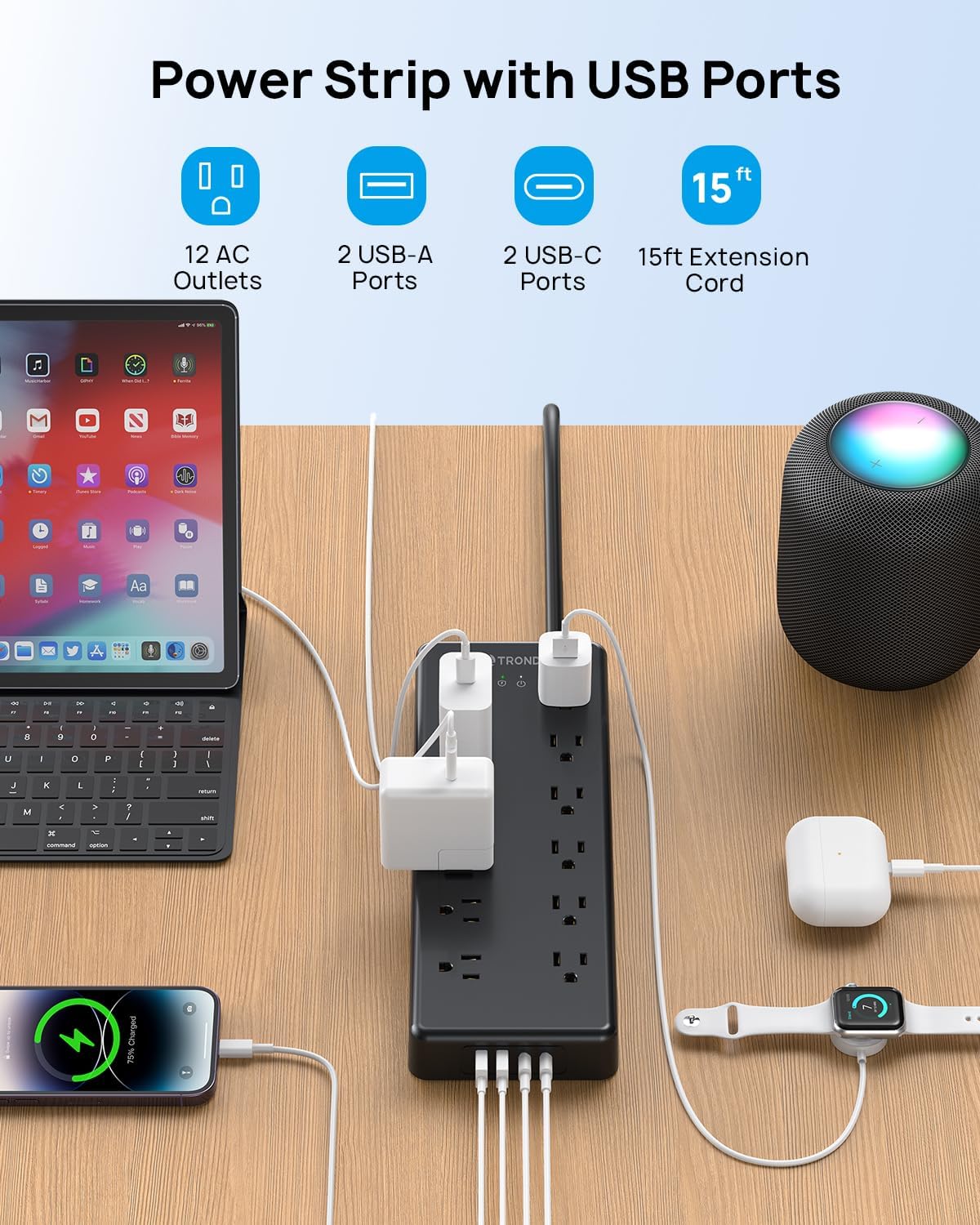 TROND Power Strip with USB ports charging multiple devices including a laptop, phone, and smartwatch.