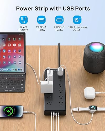 Miniatura 10 de TROND Regleta protectora de sobretensiones, 12 tomas ampliamente espaciadas con 4 puertos USB (2 USB C), cable de extensión de enchufe plano de 10