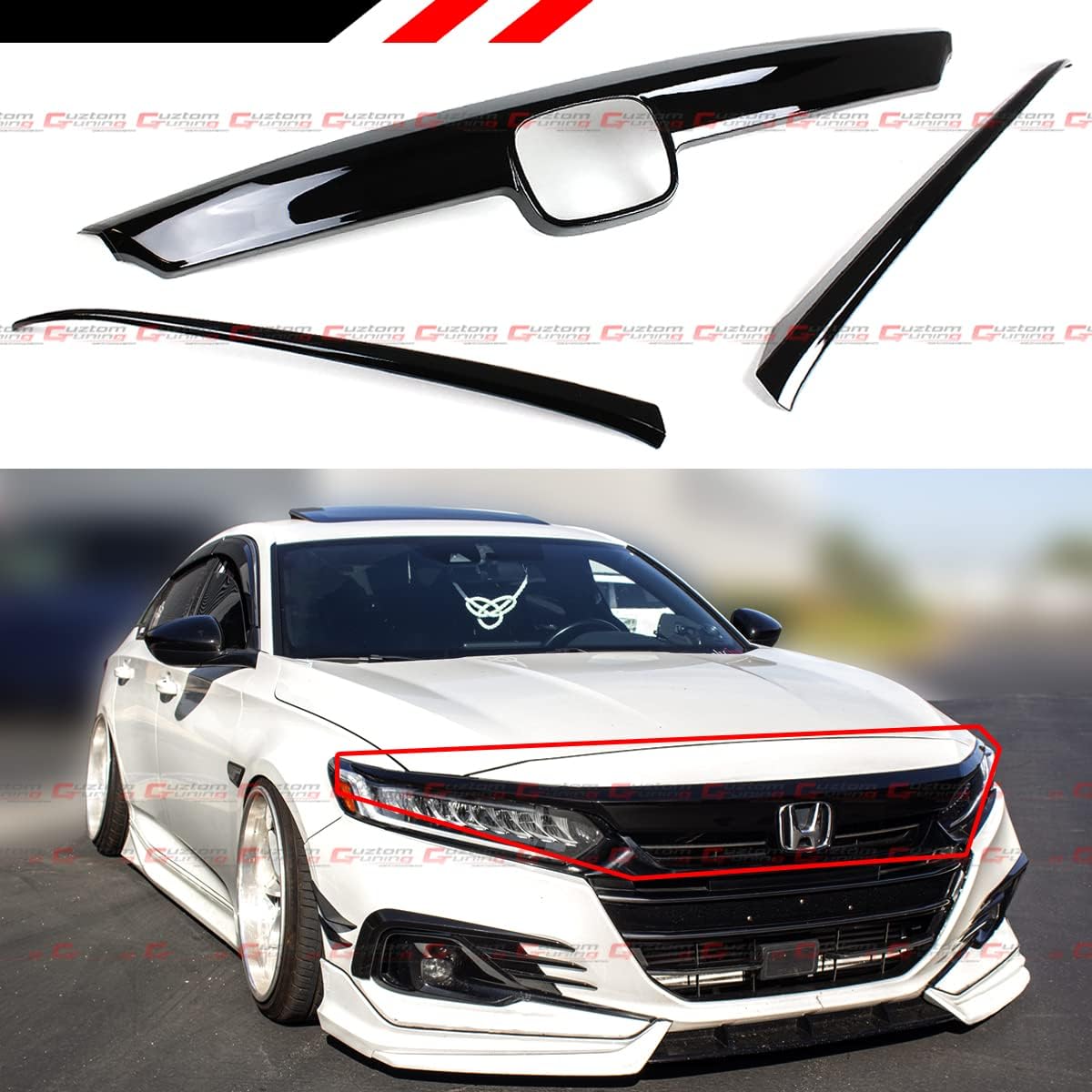 3PCS Gloss Black ABS Front Grill Trim Cover Garnish Chrome Delete With Eyelid Cover Compatible with 2021 2022 Honda Accord