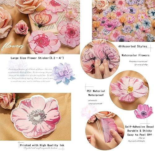 Miniatura 4 de Calcomanías de flores transparentes de gran tamaño para suministros de diario, 40 calcomanías florales de acuarela para álbumes de recortes, diarios