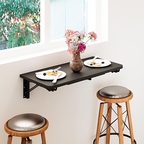 Miniatura 3 de TEAMIX Mesa plegable montada en la pared, escritorio flotante negro para espacios pequeños, mesa de comedor de hojas caídas para cocina, estante
