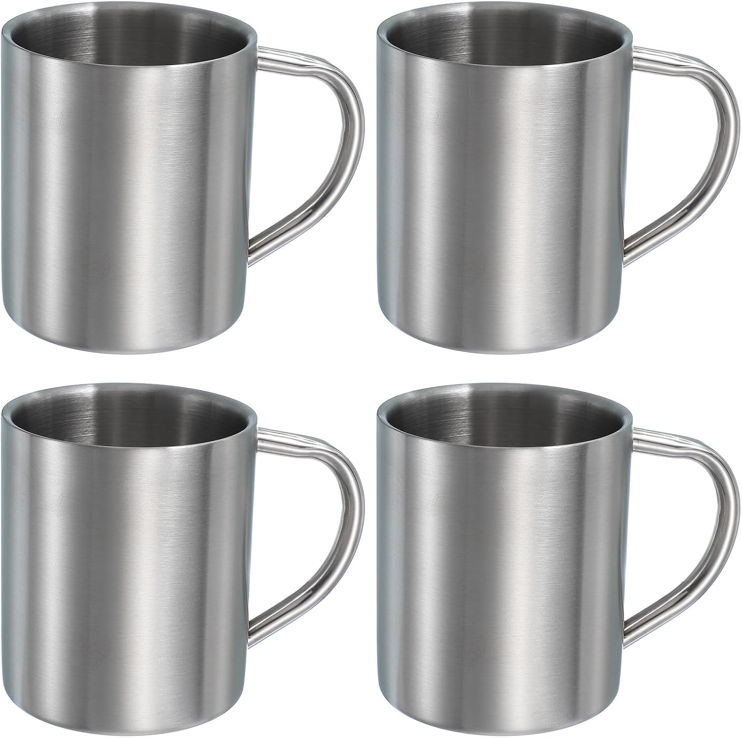 uxcell 4Pcs Metal Coffee Mugs, 14 Ounces Metal Double Walled Mugs with Handles (Silver)