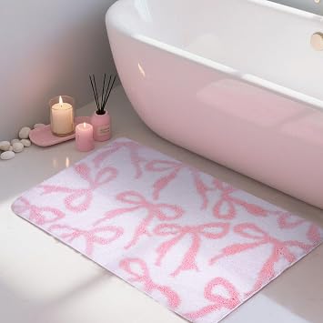 Pink Bow Rug Bathroom Rugs, Coquette Bath Mat Non-Slip Absorbent Cute Aesthetic Room Decor Bathmat, Washable Plush Carpet for Bathtub Shower, Bedroom, Kitchen Pink, 20 x 32 inches