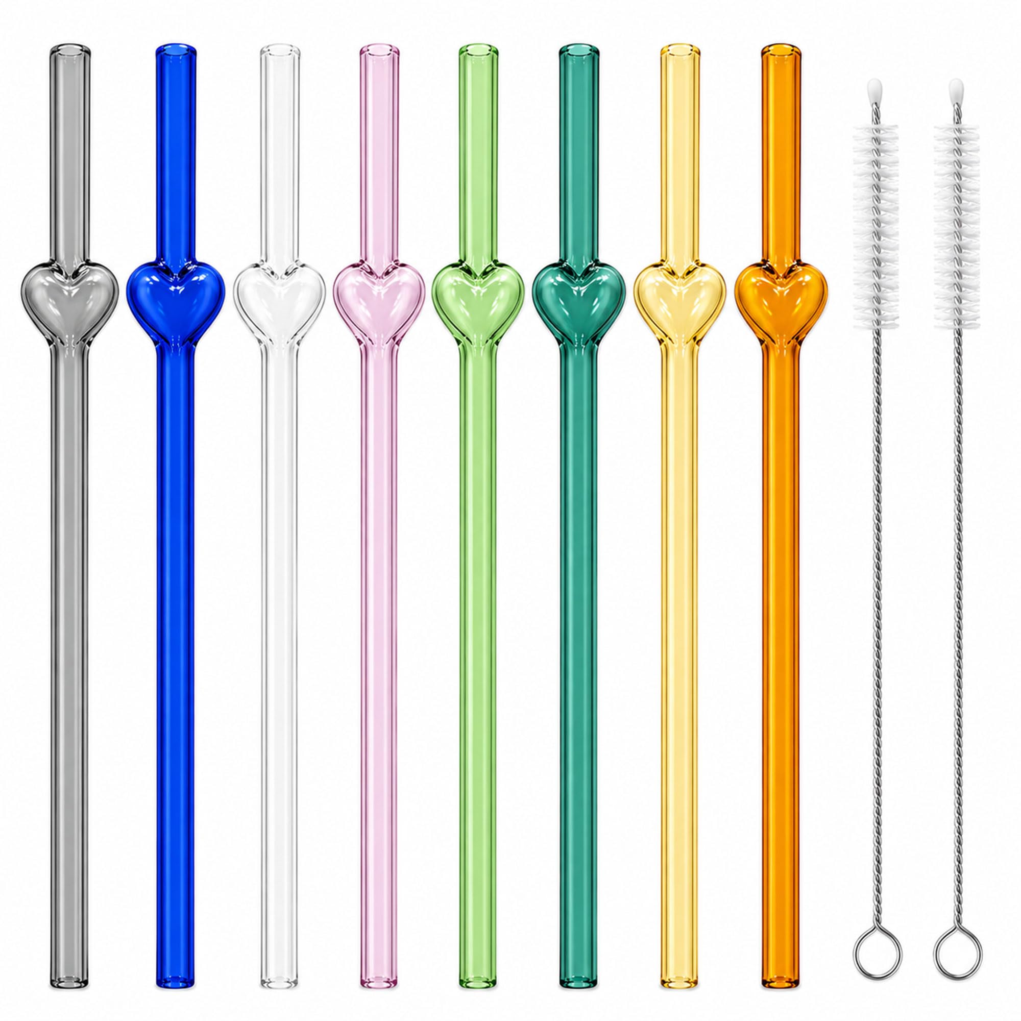 YUTRENN Glass Straws Set - 8 Colorful Reusable Glass Straws with Hollow Heart Charms & 2 Cleaning Brushes - Heat Resistant - Eco-friendly - 8 Count