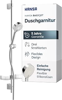 HANSA BASICJET Duschgarnitur | Duschkopf mit Schlauch und Duschstange I Duschbrause mit 3 Strahlarten | Duschschlauch 1750 mm | Mit Duschkopfhalterung und Seifenschale I Duschset ohne Armatur | Chrom