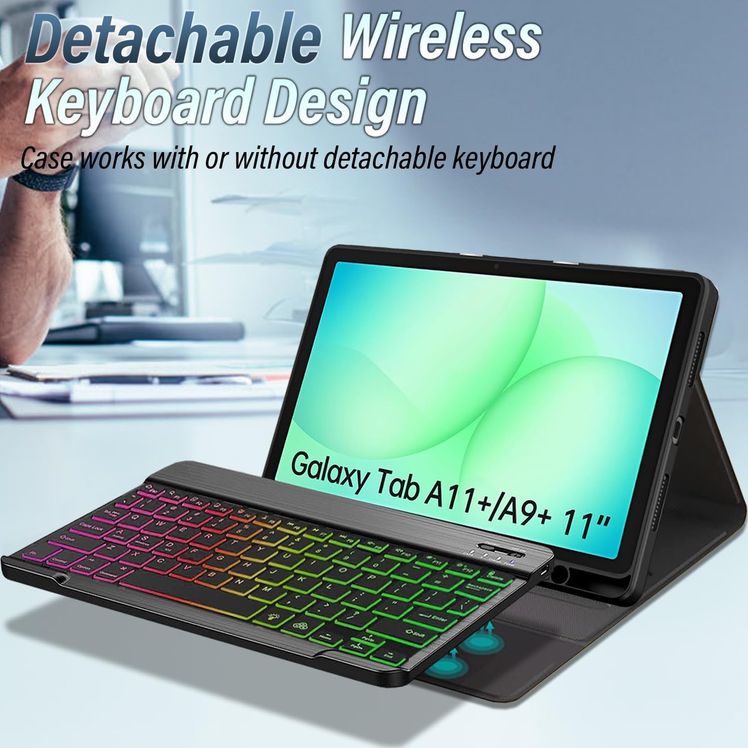 Keyboard Case for Samsung Galaxy Tab A11+ Plus 2025/ A9+ Plus 2023 11 inch, LED Bluetooth 2.4G Mouse, 7 Color Rainbow Backlight Detachable Bluetooth Keyboard Cover with HD Screen Protector