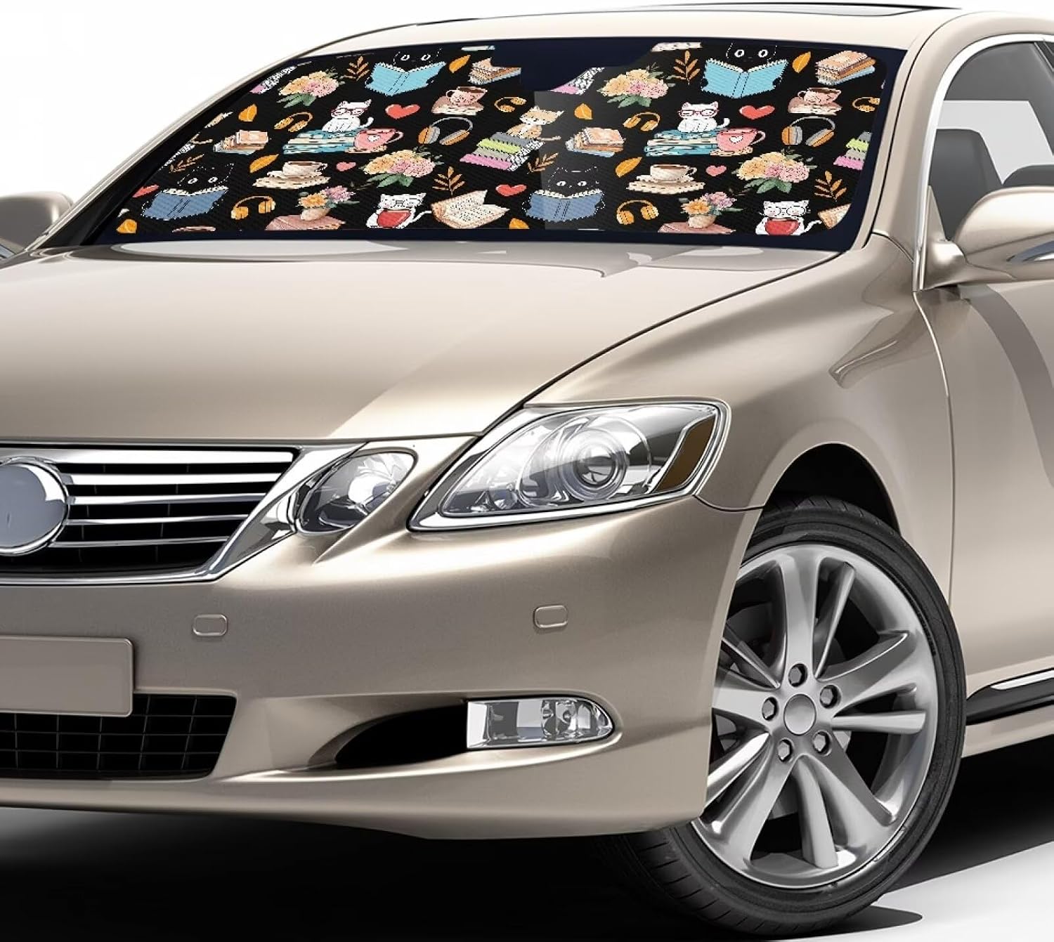 Cat Book Black Print Universal Fit Car Windshield Sunshade Easy Install Foldable Design