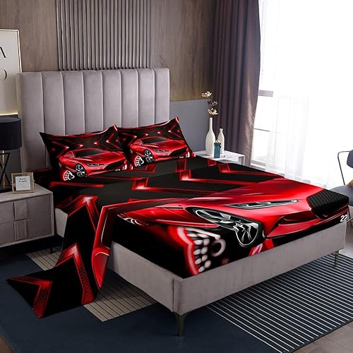 Erosebridal Sábana bajera para cama de auto de carreras roja, sábana bajera ajustable para niños, adolescentes, dormitorio, 3 piezas, para deportes