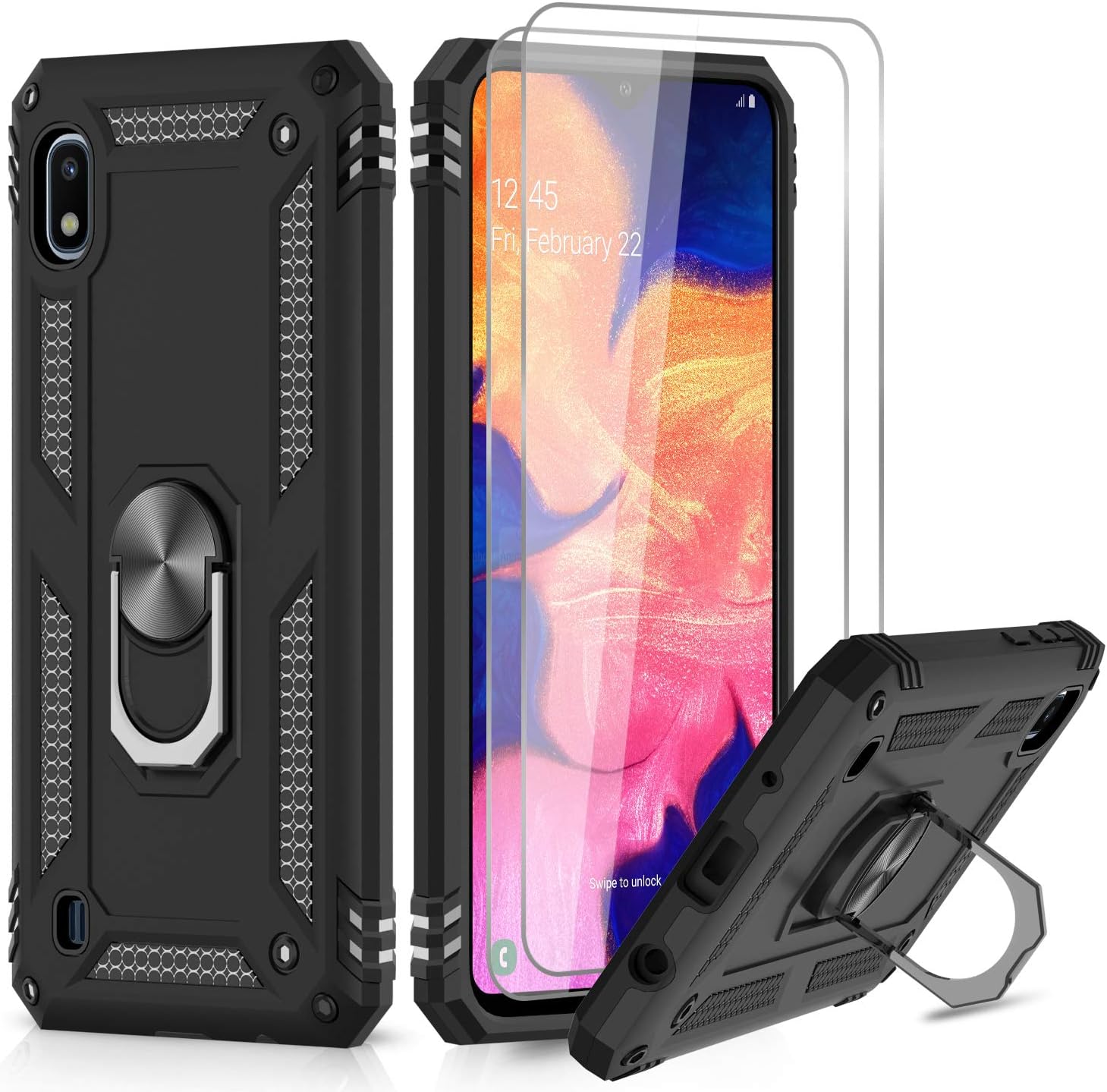 LeYi Case for Samsung Galaxy A10/M10 with Tempered Glass [Pack of 2] Ring Stand, Military Double Layer Reinforced Defense Bumper TPU Silicone Shockproof Armor Case Cover for Samsung A10 Black