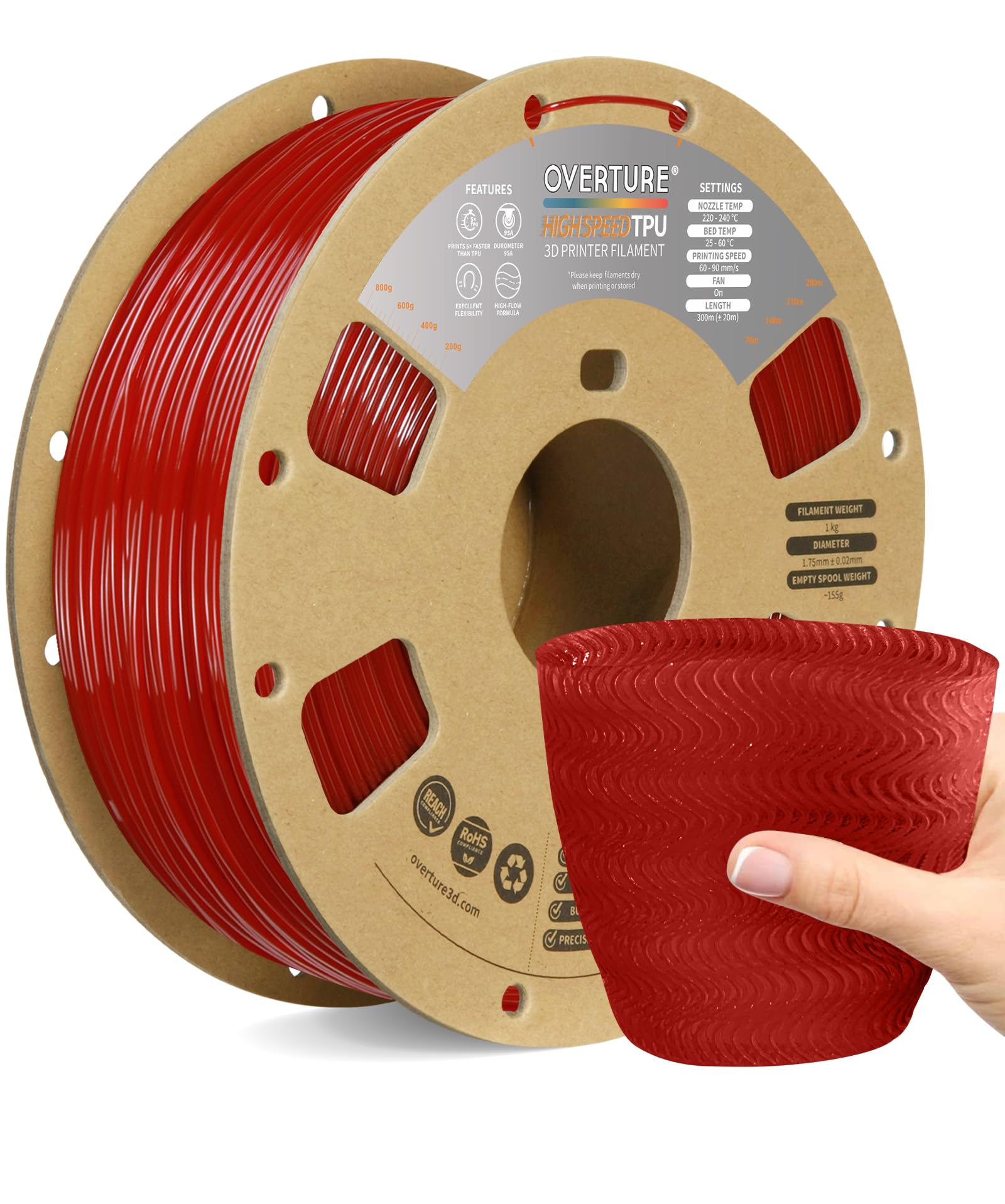 OVERTURE TPU 1,75 mm Filamento, Filamento per Stampante 3D ad alta velocità TPU +HS, Flessibile High Speed TPU 1kg(2.2lbs), Precisione Dimensionale +/- 0.02 mm(HS Translucent Rosso)