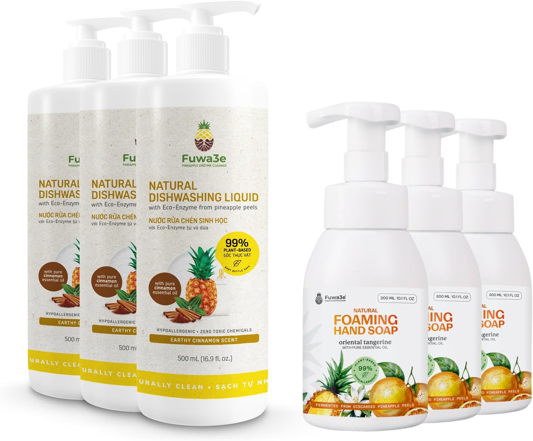 Fuwa3e Natural Dish Soap Cinnamon (3 Pack) & Foaming Hand Soap Tangerine (3 Pack)