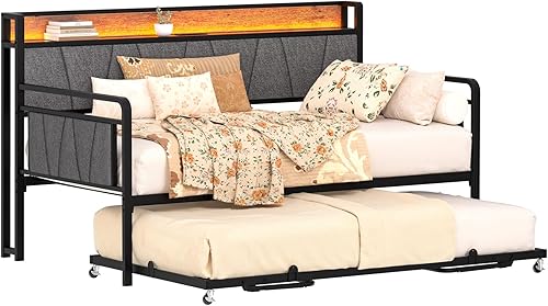 Sofá cama individual con nido, moderno sofá cama individual, marco de cama de metal resistente con cabecera tapizada para sala de estar, dormitorio,