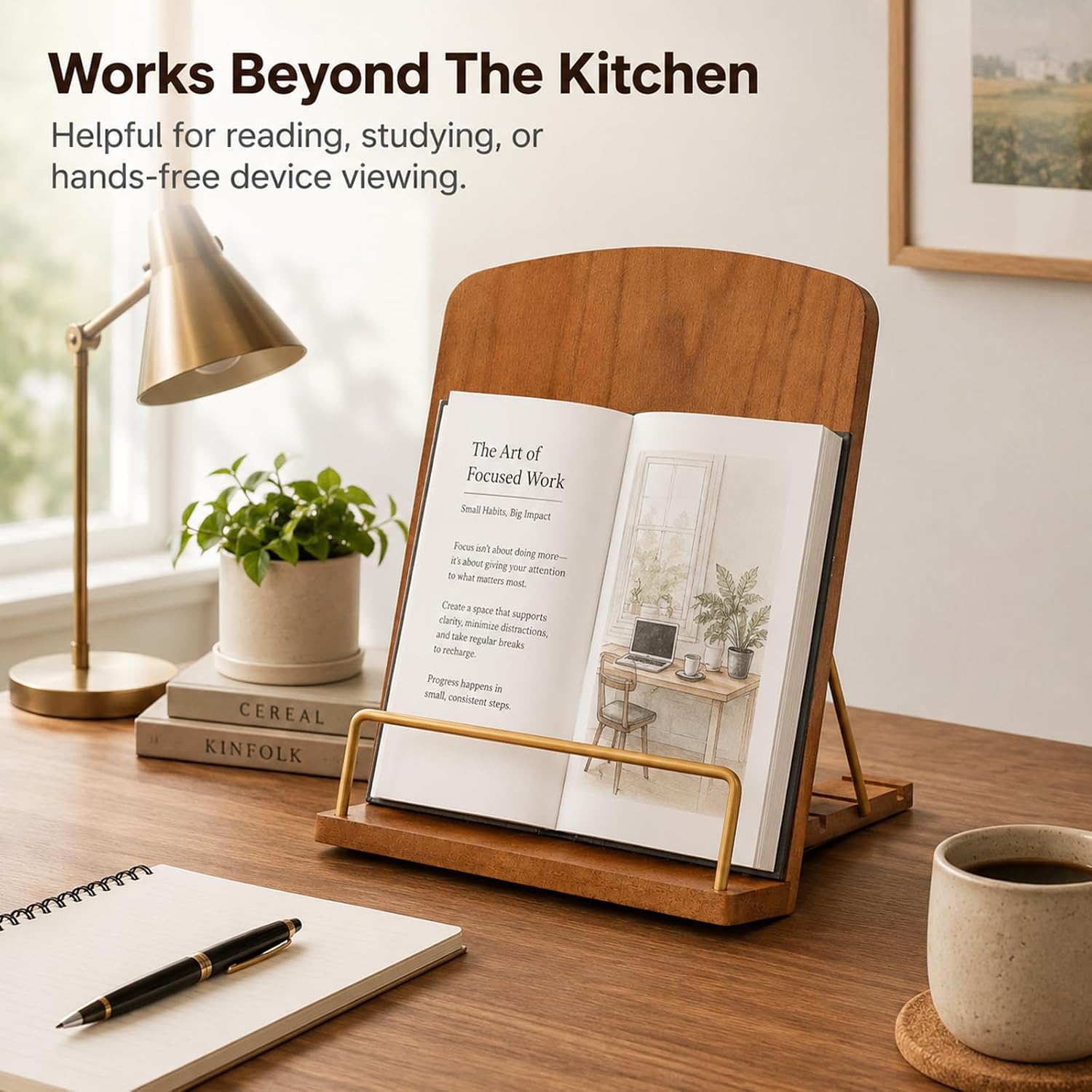 Wooden Cookbook Stands, Wood Recipe Book Holder with 4 Adjustable Angles, Tablet and Cookbook Display Stand with Non Slip Metal Ledge, for Kitchen Counters