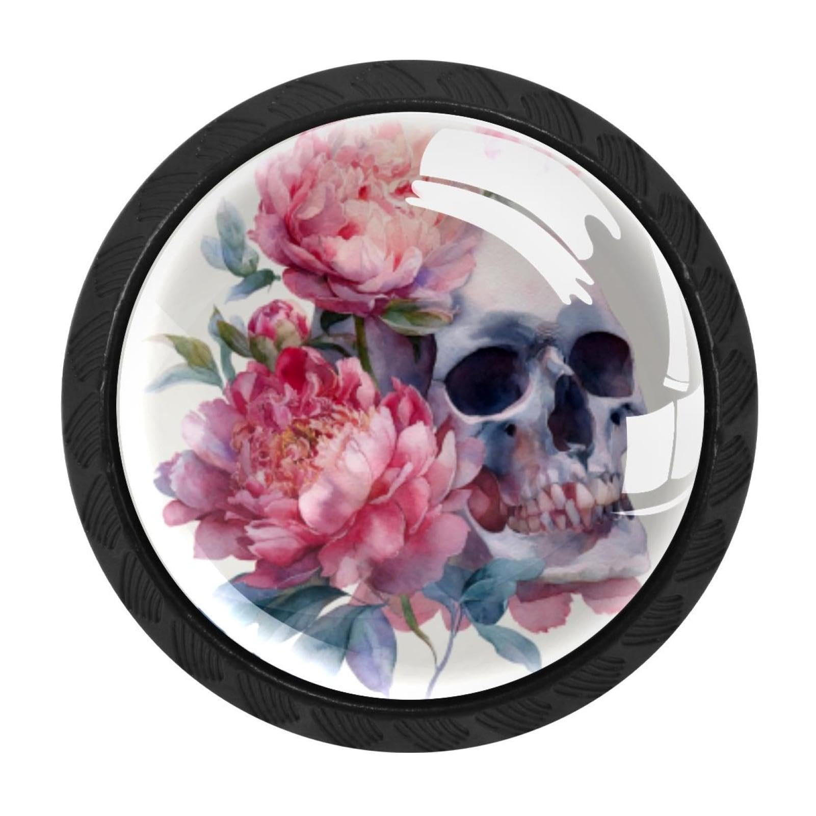 CHENZZZZ Watercolor Skull and Peonies Flowers (2) Drawer Knobs Pull Handle Crystal Glass Circle Shape Cabinet Drawer Pulls Cupboard Knobs with Screws for Kitchen Cupboard Dresser Wardrobe etc