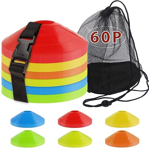 60 conos de fútbol con correa, bolsa de transporte, conos de disco de agilidad, conos de entrenamiento de fútbol, marcadores de campo para