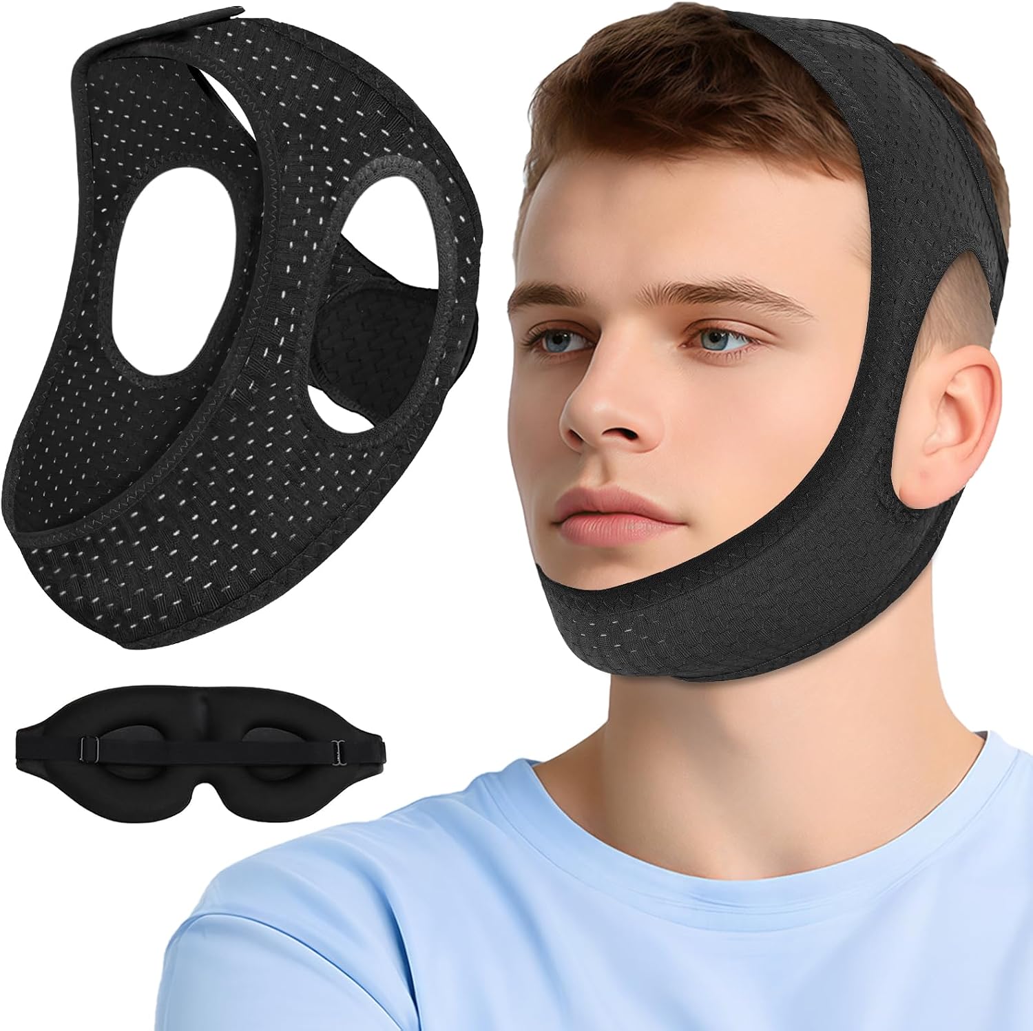 Chin Strap for Sleeping, Anti Snoring Devices Comfortable Effective | Stop Snoring Solution, Snore Stopper Breathable, Anti Snoring Chin Strap Adjustable Velcro, with Eye Mask, Black