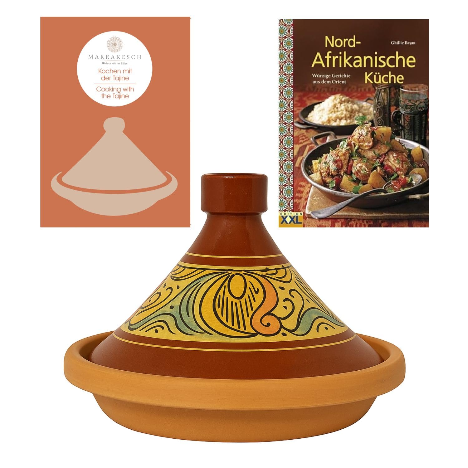 Tajine marocain pour la cuisson | Cocotte émaillée Chaouen Ø 30 cm pour 4 à 5 personnes | Avec recette et manuel d'utilisation (français non garanti) | Pot en terre cuite original fabriqué à la main
