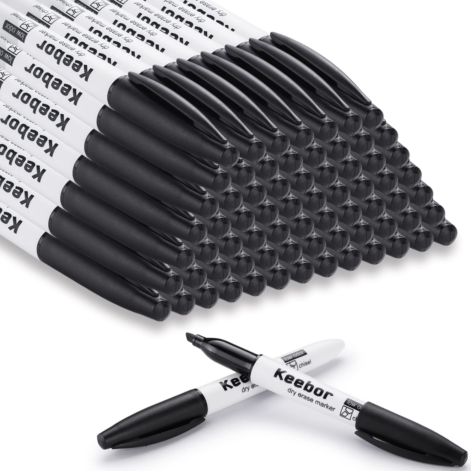 Keebor Dry Erase Markers Bulk, Chisel Tip, Black, 72 Pack Low-odor Whiteboard Markers, Office & Back to School Supplies, 20% More Ink