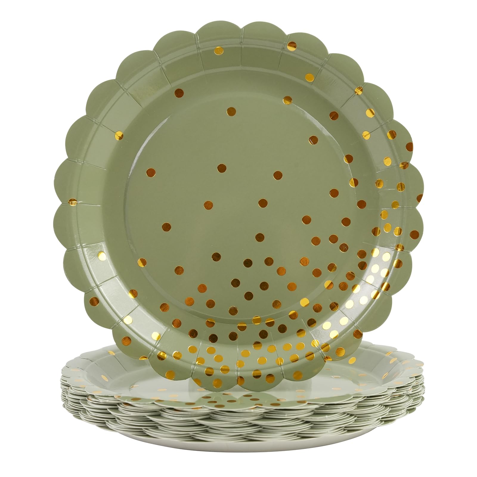 HFBOBP 50PCS Sage Green Paper Plates, 7 Inch Scalloped Green and Gold Party Plates Disposable Foil Polka Dots Dessert Plate Cake Plate for Birthday,
