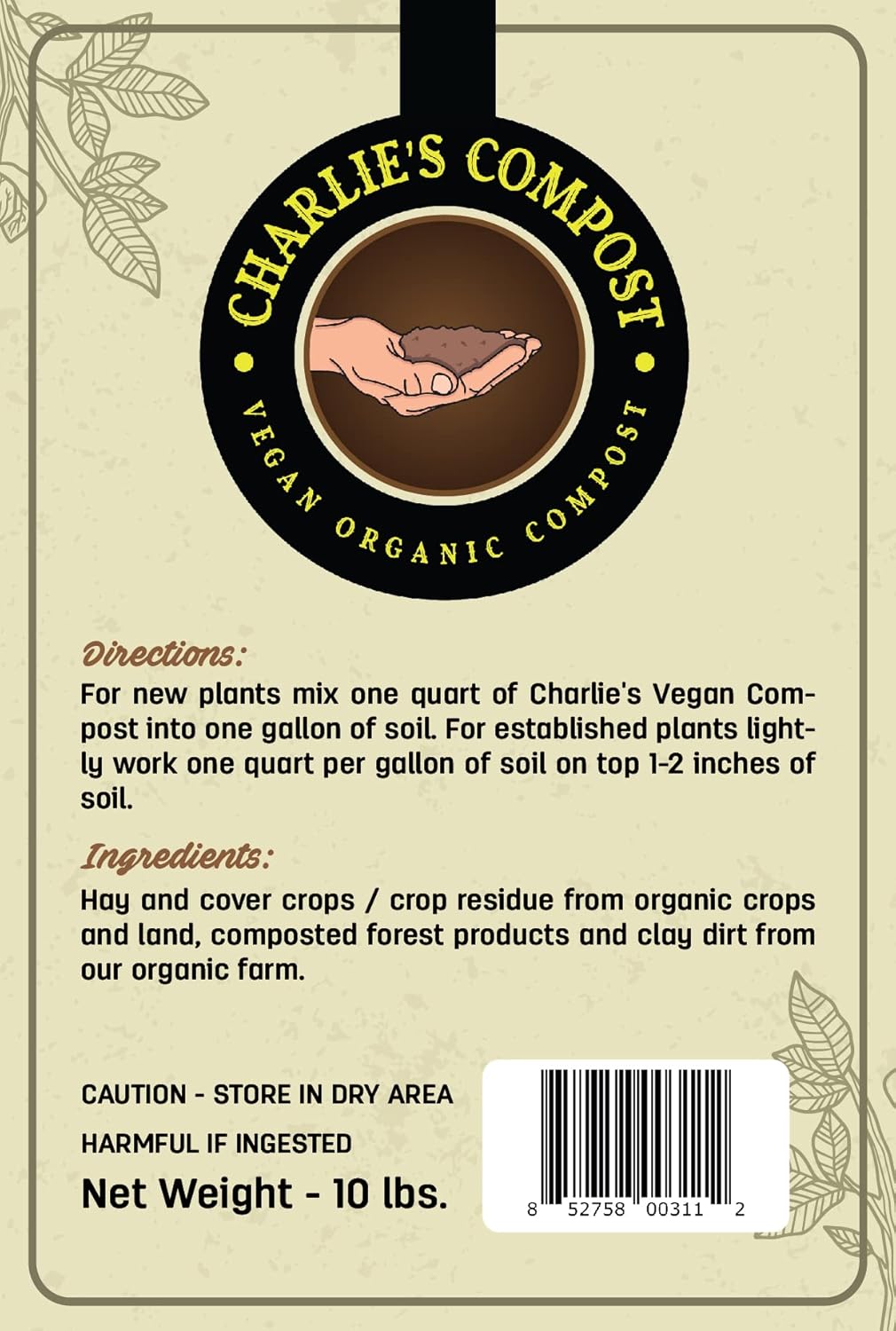 Charlie's Vegan Compost - Concentrated Organic Gardening Vegan Cruelty Free Plant Soil Amendment Dirt Booster - Indoor or Outdoor Garden Farming, Increase Yield in Vegetables, Plants - 10 Lb