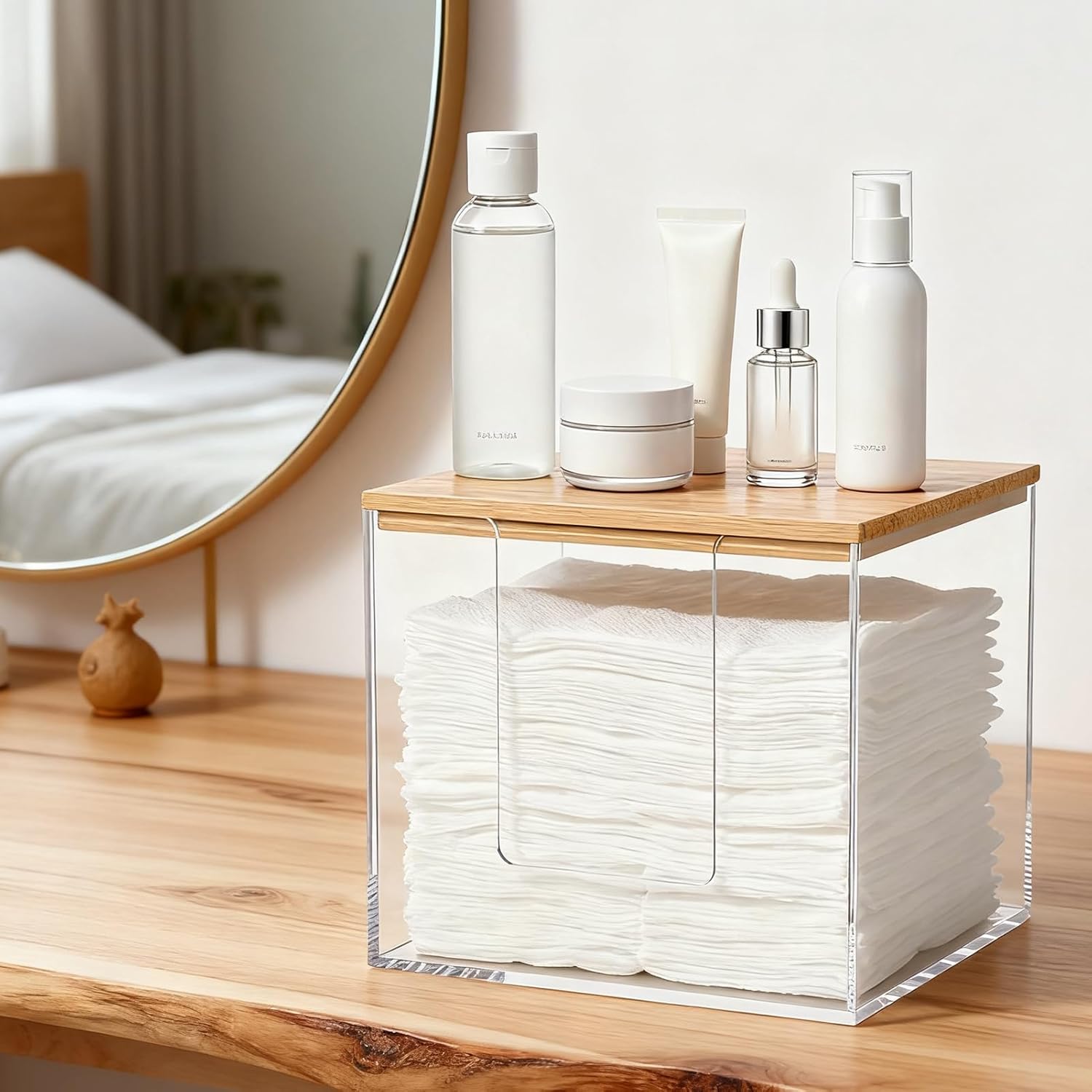 Rainmae Disposable Face Towel Holder, Acrylic Cosmetic Facial Towel Storage Box for XL Clean Skin Club, Upgrade Tissue Holder with Bamboo Lid Towel Organizer Container for Bathroom Vanity Countertop - Image 5