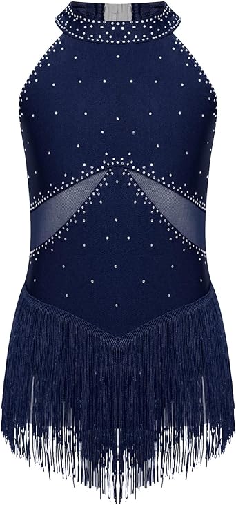 Kids Girls Glitter Sleeveless Jazz Latin Dress Keyhole Back Leotard with Tassel Skirts Dance Outfits