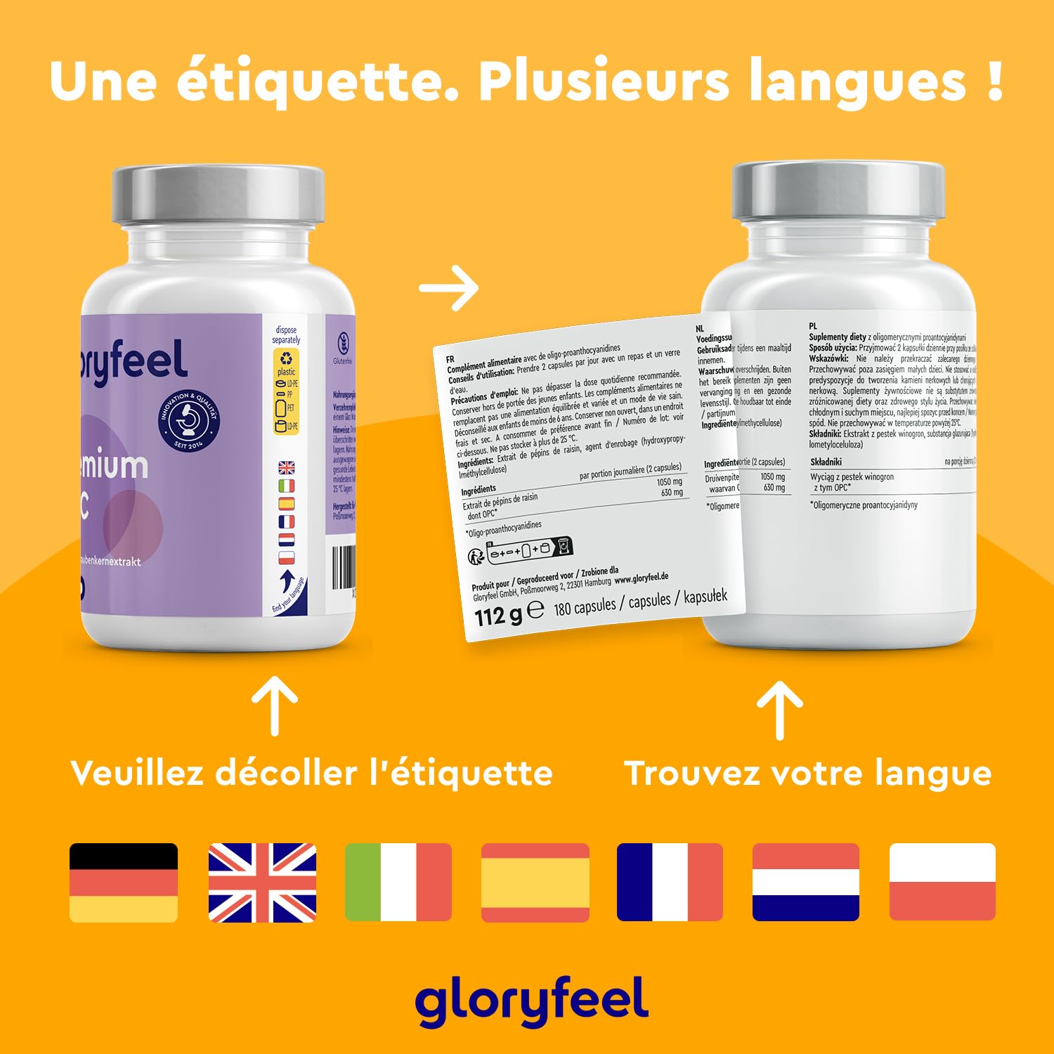OPC Extrait de Pépin de Raisin Français 1050mg, Teneur HPLC Très Élevée, 630 mg d'OPC Pur Par Jour, 180 Capsules, 100% Naturel, Végétalien, Qualité Premium, Testé en Laboratoire