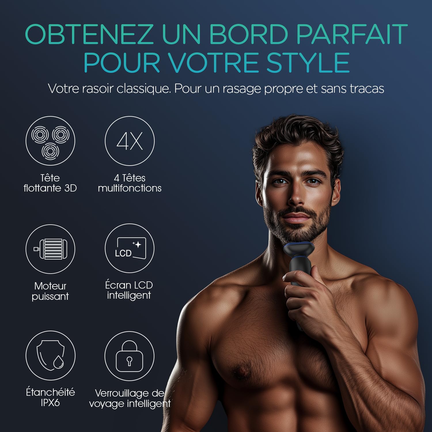 VOYOR Rasoir Électriques Hommes, Têtes Flottantes 3D Rasoir Barbe Homme | 4 Têtes Multifonctions, Rasage Sans Fil, Entièrement Étanche, LCD, Poignée Antidérapante, Verrouillage de Voyage TX410 Bleu