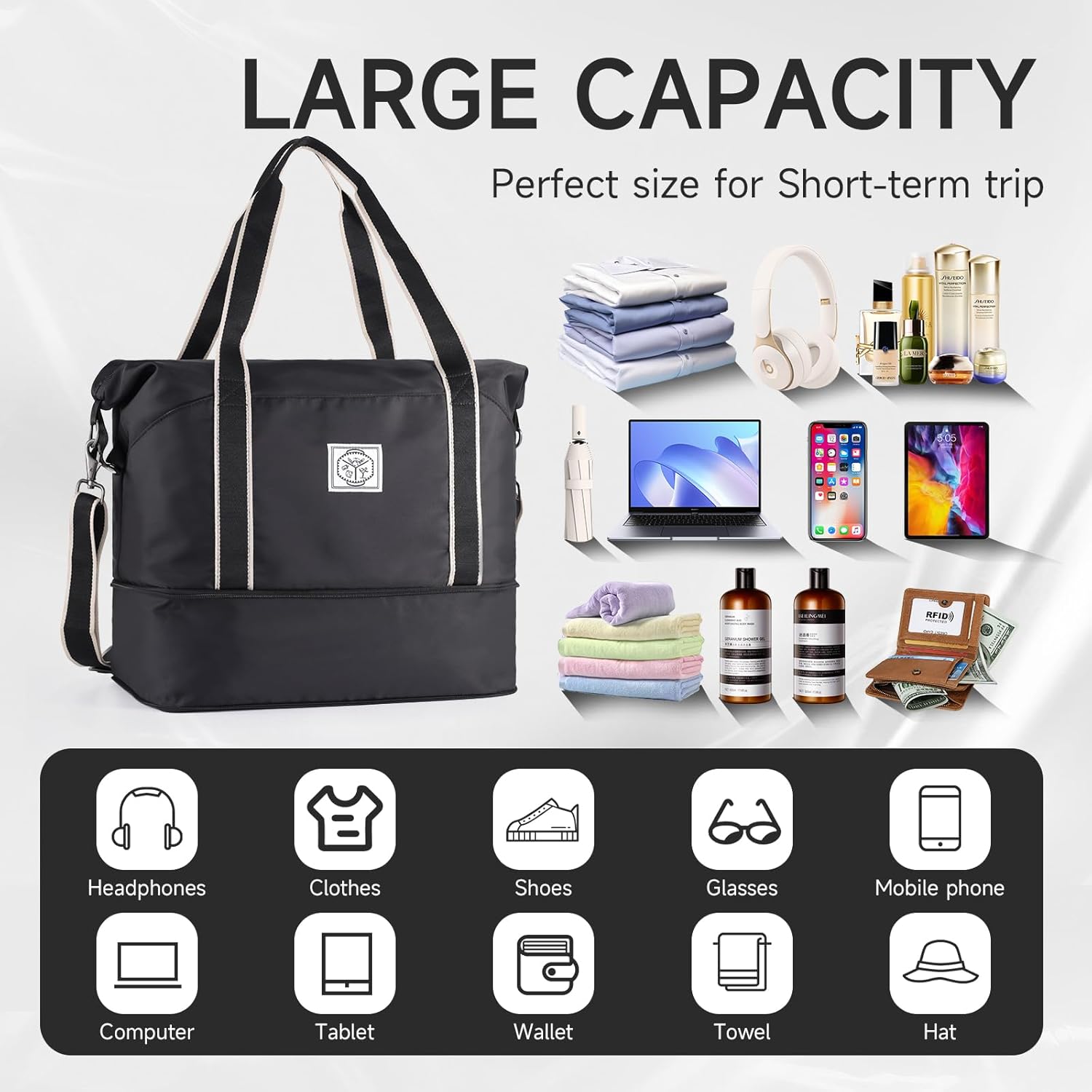 WALNEW Travel Duffel Bag, Waterproof Weekender Overnight Carry On Tote Bag for Women Men, Expandable Sports Gym Duffle Bag - Image 3