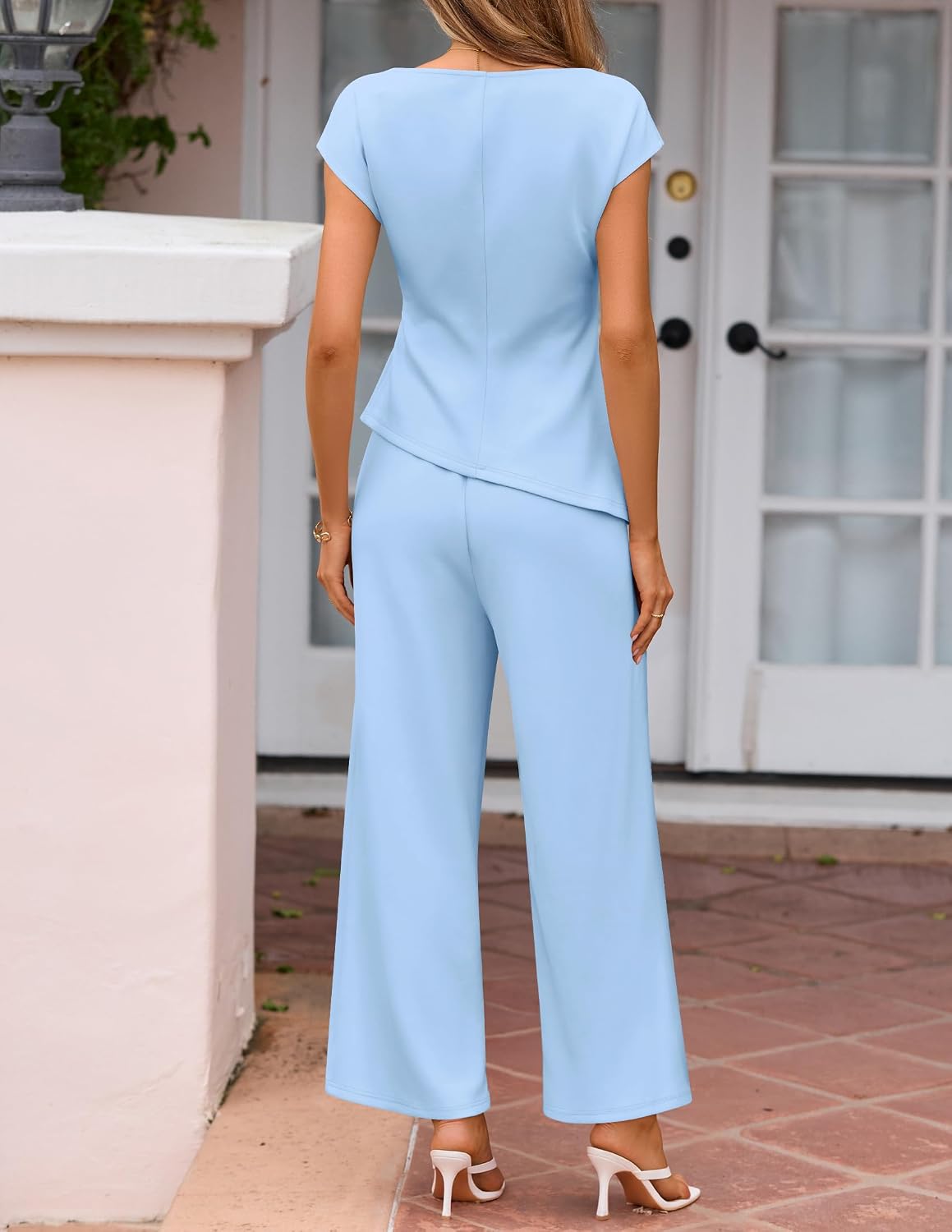 ZESICA Women's 2026 Summer 2 Piece Outfit Sets Casual Short Sleeve Knit Belted Tops and Wide Leg Pants Work Office Clothes