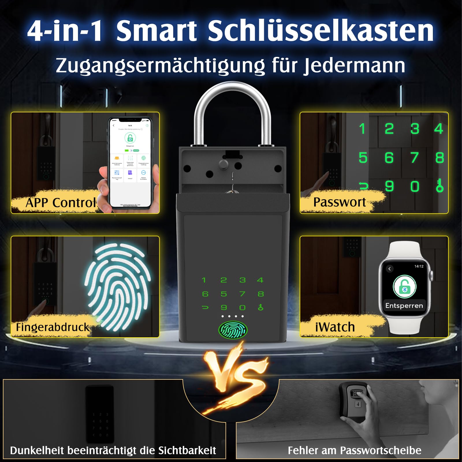 Eseesmart Fingerabdruck Schlüsseltresor mit Zahlencode, Bluetooth Elektronisch Schlüsseltresor mit Bügel Wetterfest, Großer Kapazität Wandmontierte Schlüsselbox Keyless Go Schutz Für Außen Haus Garage
