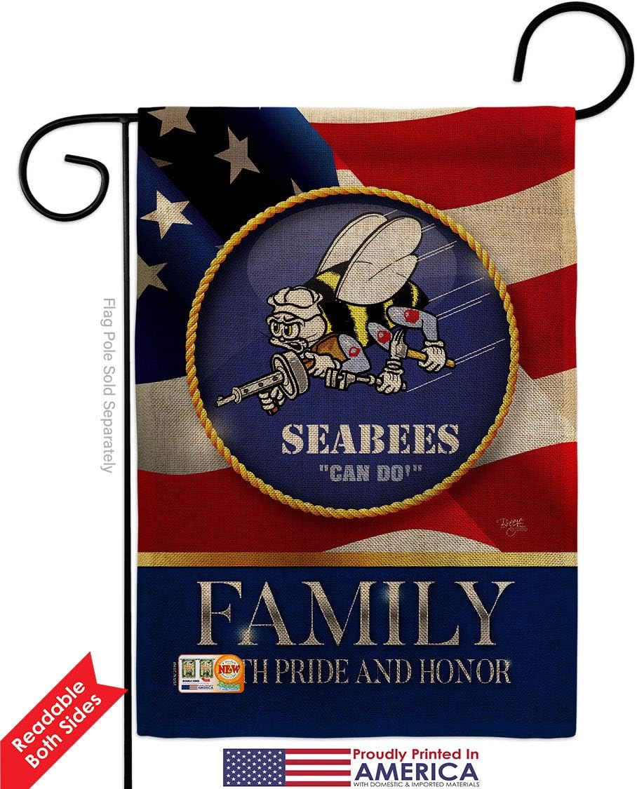 US Seabees Family Honor Burlap Burlap Garden Flag Set Wood Dowel Armed Forces Navy USN Seabee United State American Military Veteran Retire Official Small Gift Yard House Banner Double-Sided 13 X 18.5