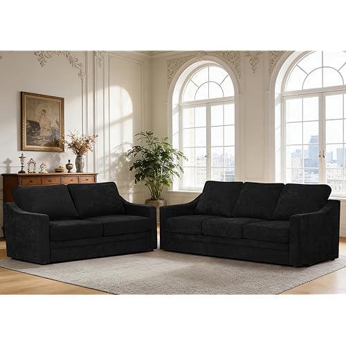 2 Pieces Chenille Sofa Set w/Soft Back Cushion & Curved Armrest, Modern 2 Seat & 3 Seats Couch Set w/Deep Seat Space, Upholstered Love Seat & Sofa w/High Density Foam for Living Room, Black