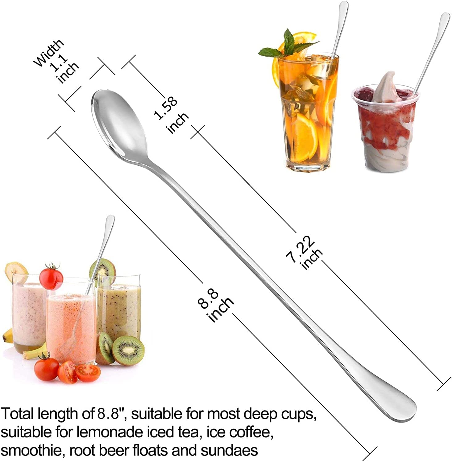 Cucchiai Da Caffè Lunghi 22,9 Cm In Acciaio Inox, Perfetti Per Mescolare Cocktail, Tè Freddo E Gelato (confezione Da 2)