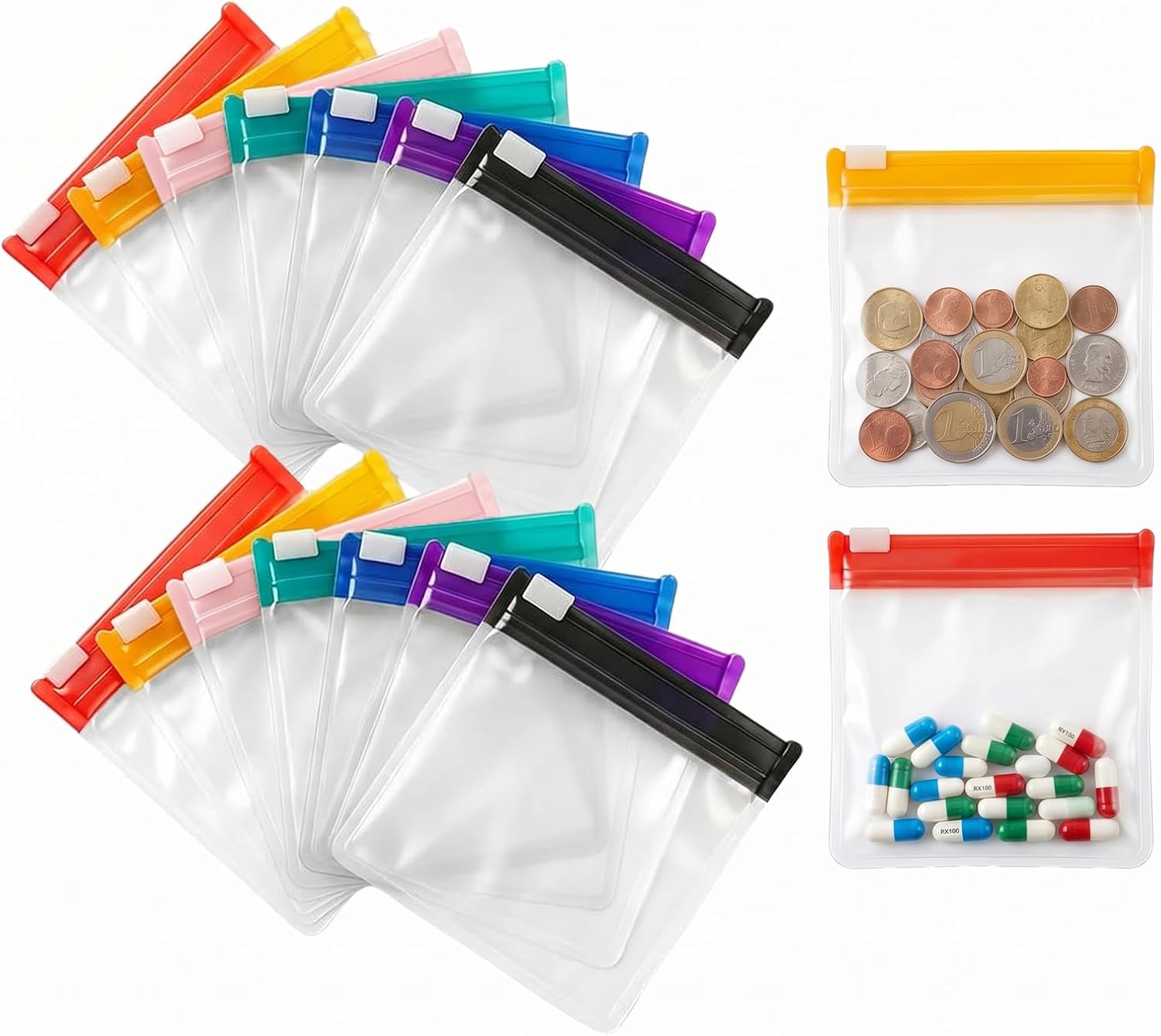Reusable Pill Pouches for Travel,14Pcs Zipper Slide Lock Bags,7 Colors