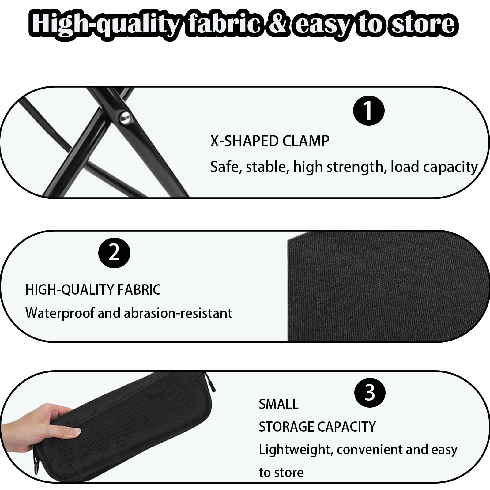 HUIZHOU Sgabello Pieghevole Portatile da Campeggio, Sedia Esterna Compatta e Leggera con Borsa e Cerniera, Robusta e Stabile, Ideale per Pesca, Escursionismo, Viaggi e Attività Outdoor (Nero)
