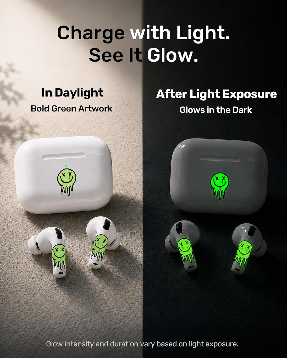 ROCKMAX for Glow in the Dark AirPods Skin Set, Earbud + Charging Case Stickers with Applicator & Spare, Universal Fit for AirPods 1/2/3/4 & Pro/Pro 2/Pro 3, Sweat-Resistant, Removable image 2