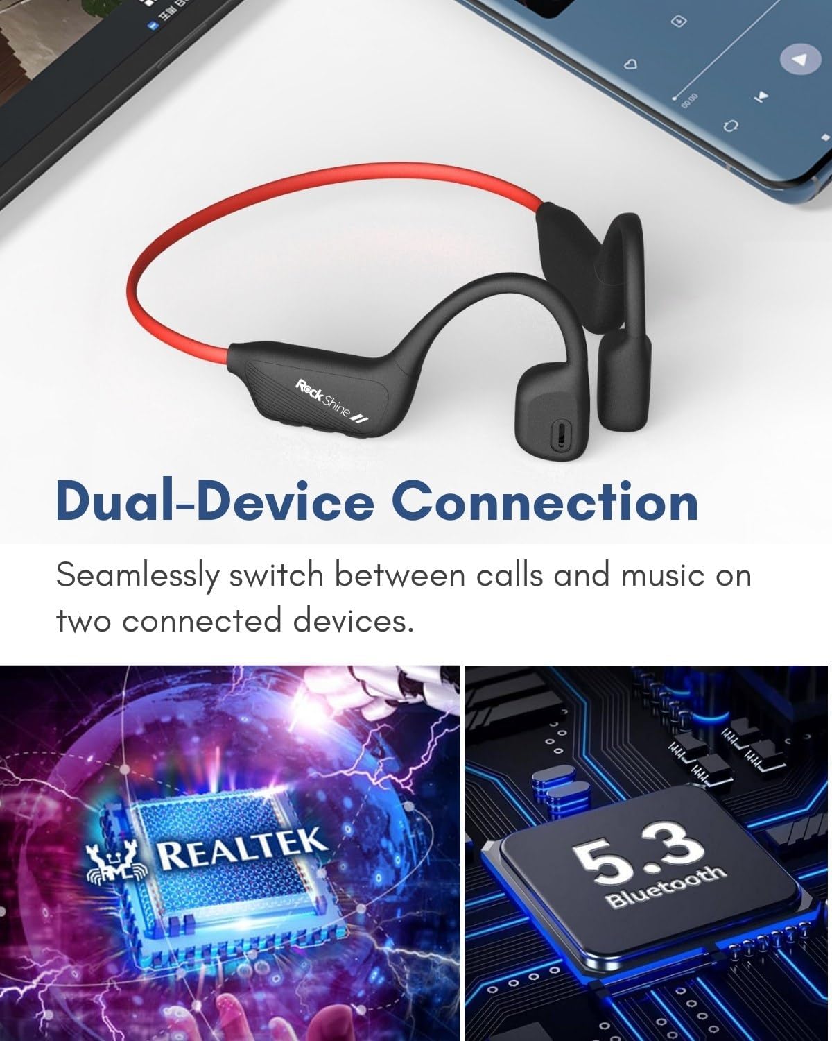 RockShine R1 headphones with dual-device connection illustration