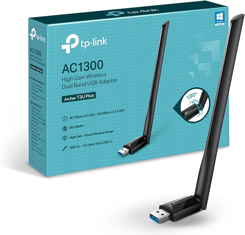 TP-Link USB WiFi Adapter for Desktop PC, AC1300 Dual Band PC WiFi Antenna | USB 3.0 Wireless Network Adapter with High Gain Antenna, MU-MIMO, Win 11/10/8.1/8/7/XP, Mac OS 10.9-10.15 (Archer T3U Plus)