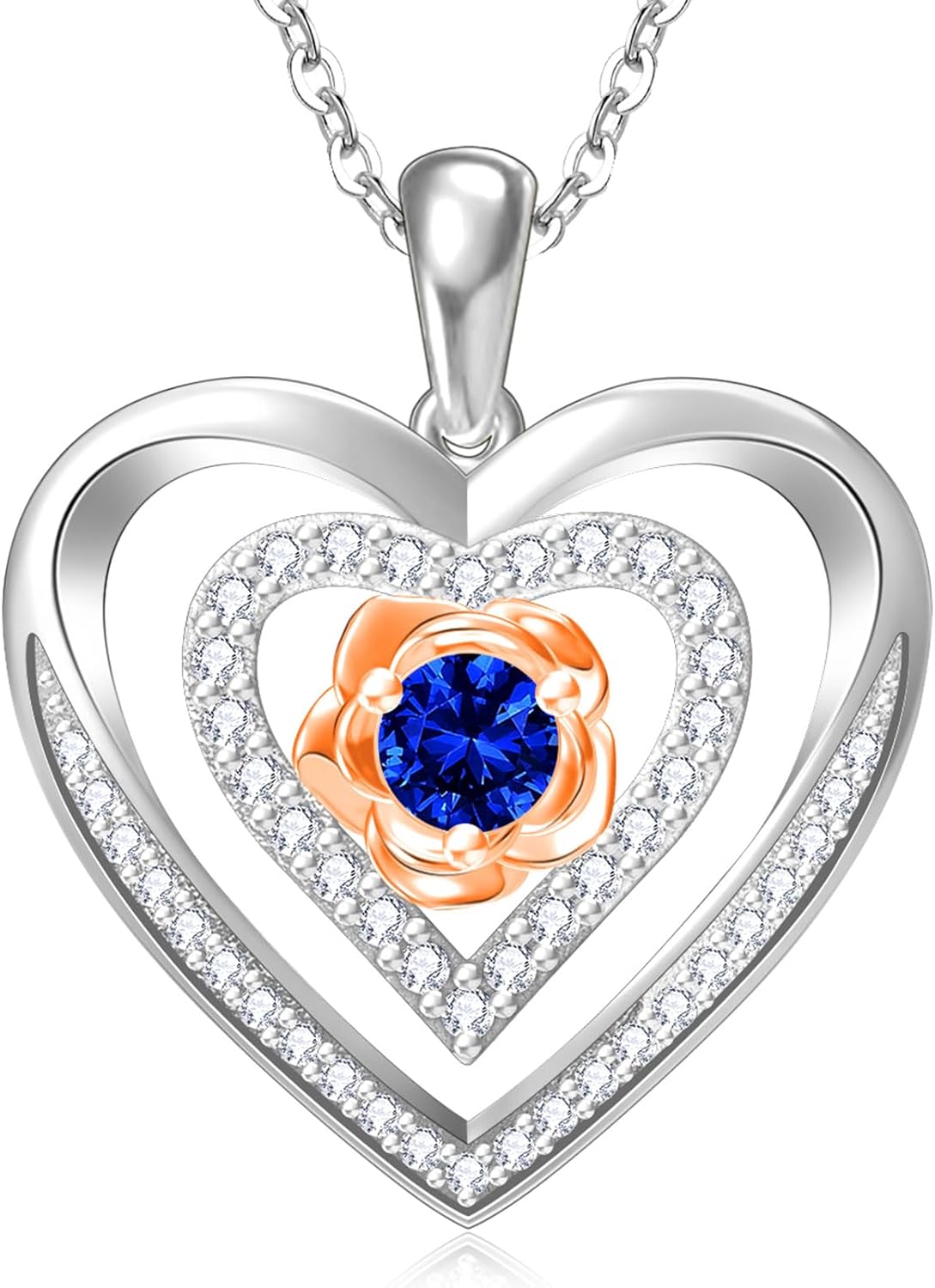 RIVIKO 925 Sterling Silver Rose Flower Birthstone Necklaces for Women,Love Heart Pendant Necklace,Birthday Mothers Day Jewelry Gifts for Women Wife Mother Friend Lady