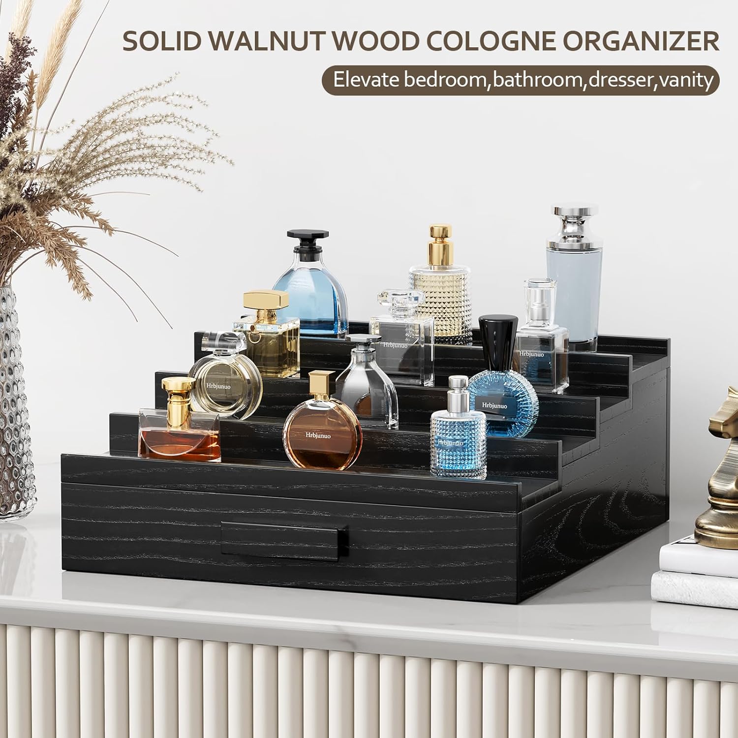 Solid Walnut Cologne Organizer for Men, 4 Tier Cologne Stand, Wooden Cologne Holder Display Shelf with Drawer Storage and Hidden Compartment, Black Perfume Stand Organizer, Gifts for Men