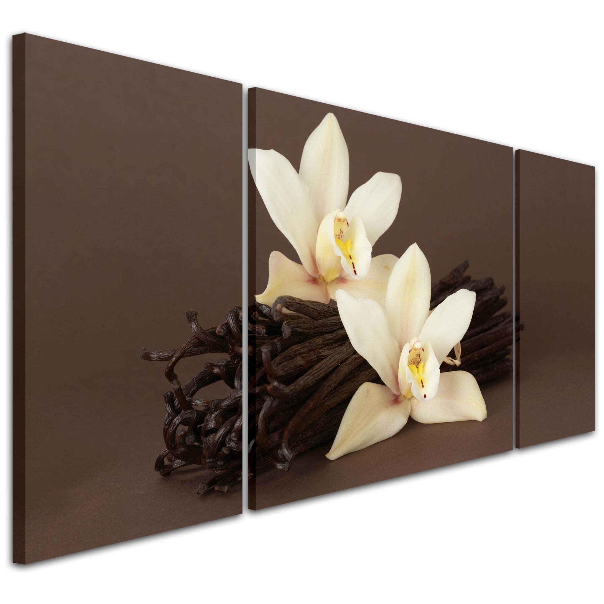 Wallfillers Large Brown and Cream Canvas Pictures of White Orchids and Vanilla Pods - Cheap Floral Wall Art - 3AC121 XXL - 191x65cm