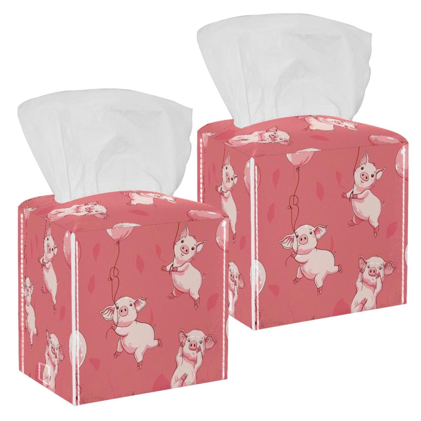 Pig Balloon Pink Tissue Box Cover, 2 Pack PU Leather Square Facial Tissue Dispenser Box holder for Home Office Car
