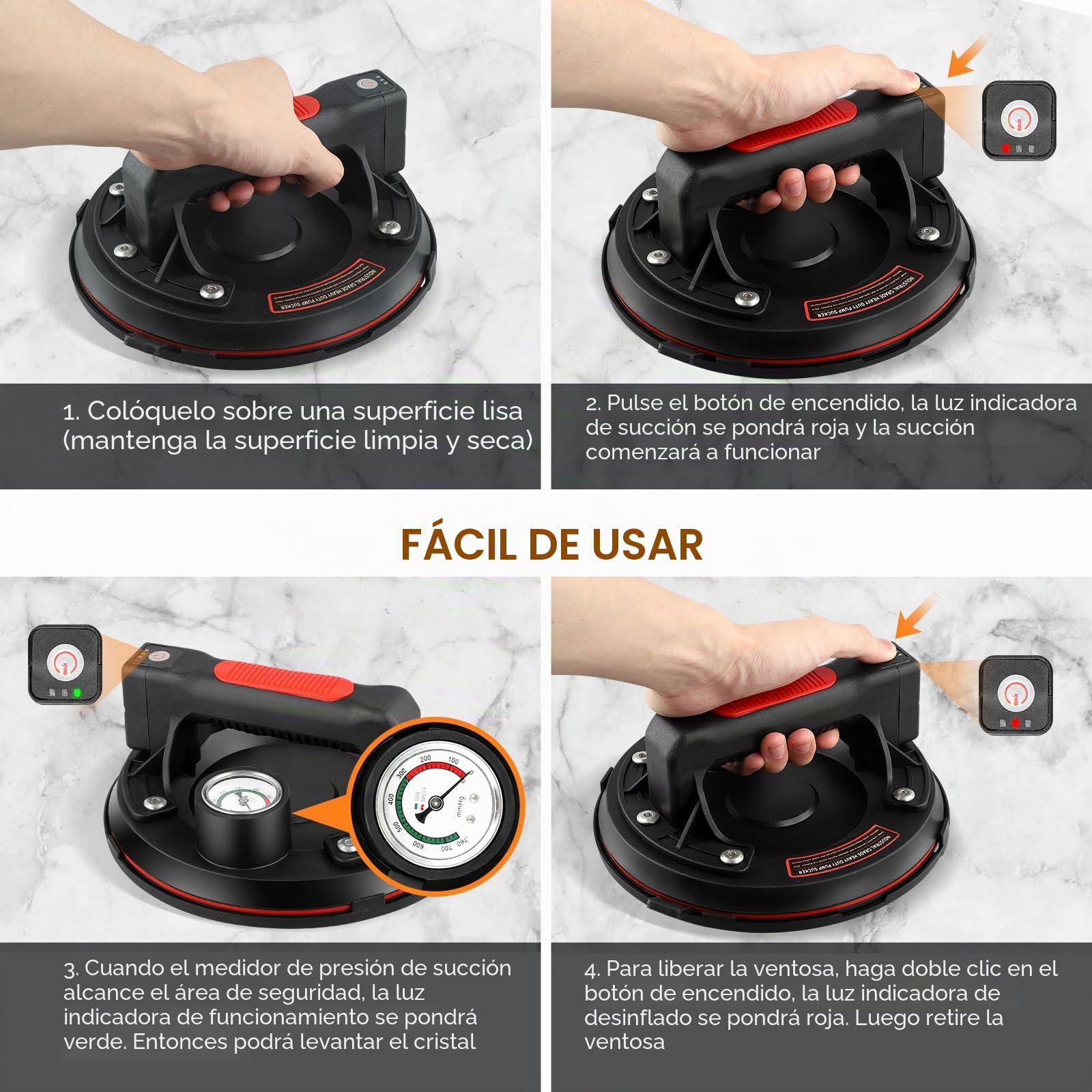 Towwoo Ventosas para Azulejos Eléctrica, Carga 240 KG, Ventosas para Cristal de 8", con Manómetro Bomba Automática, Ventosa para Cristal, Azulejos y Superficies Lisas, con Caja Herramientas