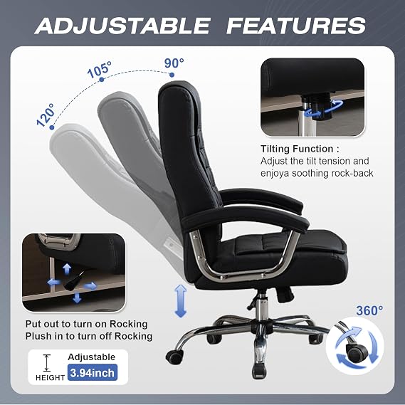 Executive Office Chair Adjustable Leather Chair, High Back Swivel Office Desk Chair with Padded, Armrest 350lbs Load-Bearing Spring Seat Computer Desk Chair for Home Office, Black