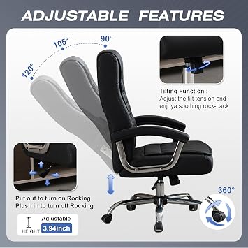 Executive Office Chair Adjustable Leather Chair, High Back Swivel Office Desk Chair with Padded, Armrest 350lbs Load-Bearing Spring Seat Computer Desk Chair for Home Office, Black