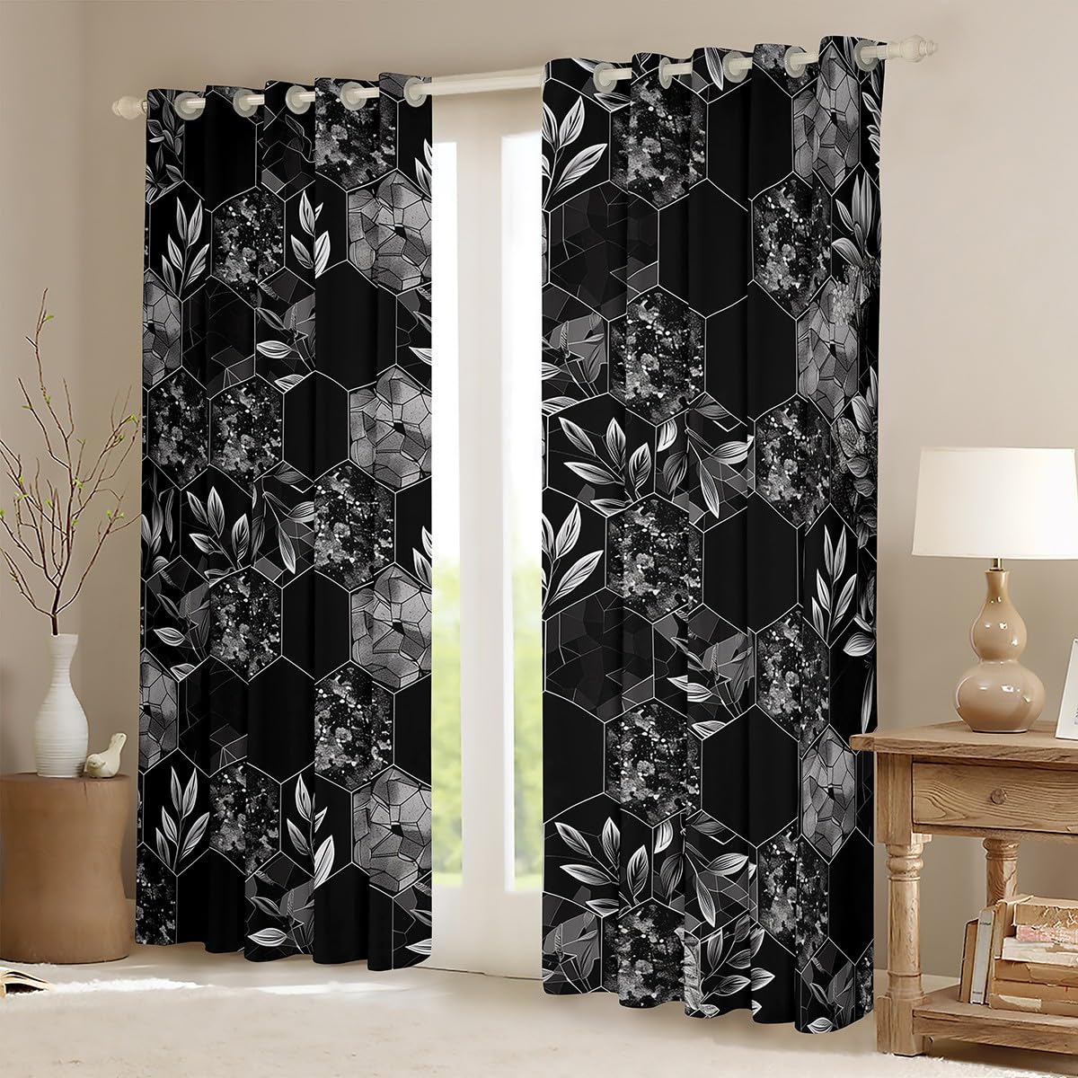 Castle Fairy Honeycomb Window Curtains,Black Gray Leaves Curtain,Geometry Window Drapes for Kid Teens Boys Young Man,Modern Bedroom Decorative,Hexagon Curtain,52Wx63L